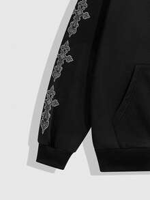 ROMWE MEN Goth Áo nỉ trùm đầu dài tay in hình chữ thập có khóa kéo phía trước cho nam, mùa thu - màu đen - Xem 4