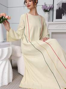 SHEIN Najma 宽松休闲圆领撞色缎带拼接长袖喇叭连衣裙 - 杏色 - 查看 4