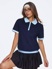 Eassivo Eassivo Women's Navy Blue And Light Blue Polo Shirt,Short Sleeve Zip Up Collar, Contrast Trim, Casual Preppy Style, Athletic Golf Tennis Top, Navy Blue Tops
