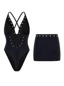 Swim SXY 2026新款春夏连体泳衣，性感纯色紧身泳装，五孔设计，欧美风格 - 黑色 - 查看 5