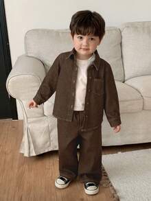 DAZY 2pcs Toddler Boys' Casual Washed Denim Shirt And Loose Fit Pants Set - Brown - View 4