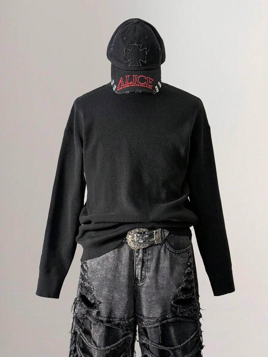 Manfinity Hypemode Men's Solid Color Basic Sweater, For Fall Winter - Black - View 1
