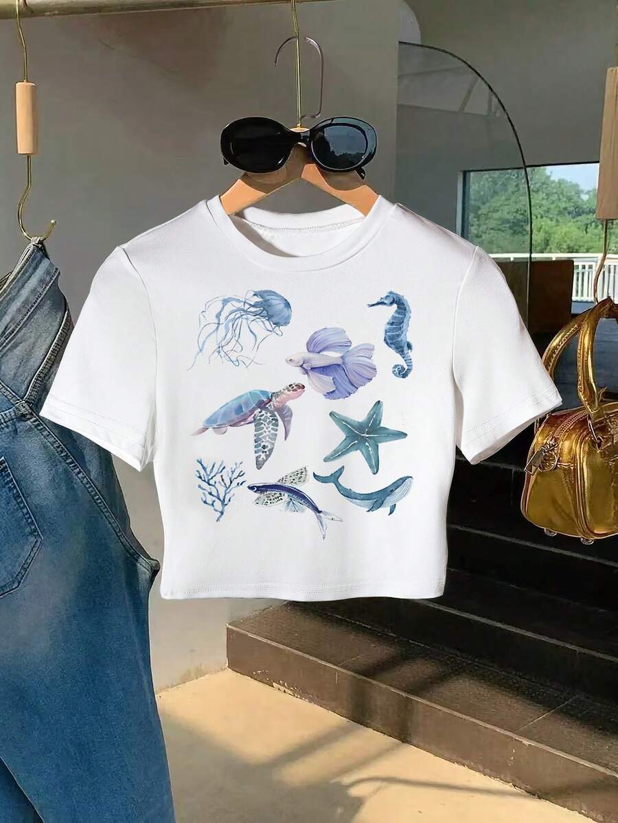 INAWLY Women's Summer Oceanic Creature Printed Round Neck Top Graphic Tees Women Tops - White - View 1