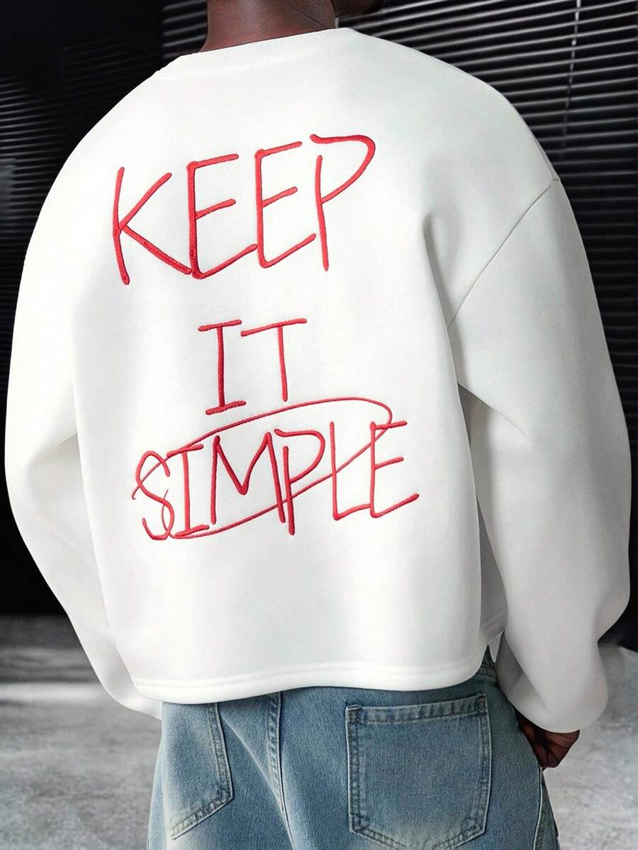 Manfinity Homme Sweatshirt Pullover Lengan Panjang Kerah Bulat Bahu Longgar Bordir Slogan Pria Ukuran Besar, Putih dan Merah, Musim Gugur, Pakaian Jalanan, Liburan, Kembali ke Sekolah - Putih - View 1