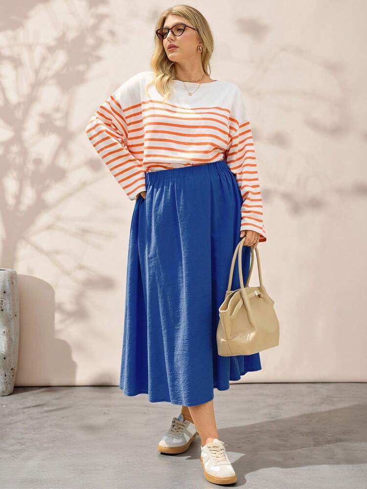 Plus Size Women  Street Fashion Casual Solid Color Royal Blue Versatile Commuter Long Skirt With Pockets,,Going Out, New,Simple And Fashionable For Everyday Wear,Breathable And Comfortable,,New Year,Spring/Summer/Vacation