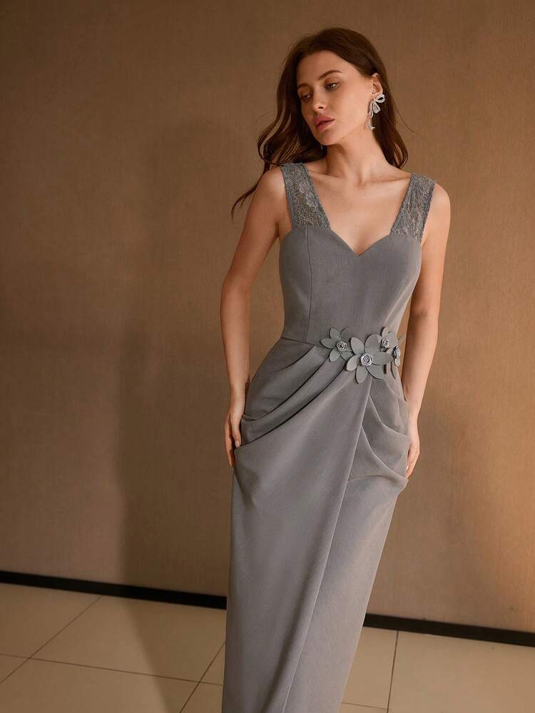 LACE PANEL STEREO FLOWER WAIST RUCHED WRAP HEM SLIM FIT DRESS