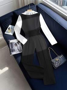 SHEIN Franclia Elegant Black And White Autumn Office Jumpsuit,Deep V-Neck Ruffle Collar Long Sleeve Colorblock 2 In 1 Stretchy Knit Fabric Fitted Professional Sets - Black and White - View 2