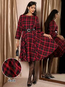 Zelara Plus Size Elegant Plaid Tweed Midi Dress For Women,Black And Red Autumn Sparkly Long Party Dresses,Tea Party Graduation,Christmas New Year Outfit - Multicolor - View 1