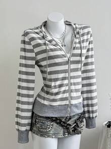 Elamini 灰黑条纹长袖宽松罗纹拉链卫衣，女士款，优雅可爱，适合上学、毕业典礼、休闲、运动、秋冬季日常穿着。 - 灰色 - 查看 4