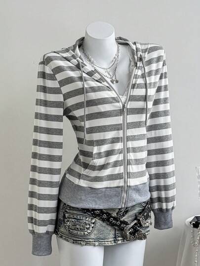 Elamini Gray & Black Striped Long Sleeve Loose Ribbed Zip-Up Sweatshirt For Women, Elegant & Cute, Suitable For School, Graduation, Casual, Sports, Daily Wear In Autumn/Winter