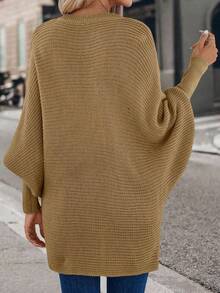 SHEIN LUNE Solid Color Batwing Sleeve V-Neck Loose Knit Pullover Sweater - Mocha Brown - View 2