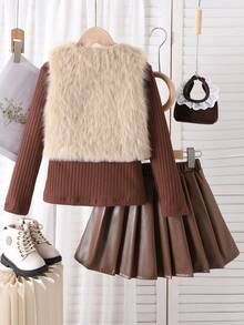 3pcs Set: Brown Furry Vest With Bow, Matching Camisole, And PU Pleated Skirt - Brown - View 2