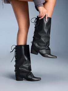 CUCCOO GRLICON Botas de tiburón para mujer, de punta cuadrada, tacón grueso, de piel de PU negra con diseño de doble capa y decoración de correa trasera, de estilo minimalista y cómodas para uso diario, fiestas y eventos. Adecuadas para Navidad, Año Nuevo y Acción de Gracias. - Negro - Ver 3
