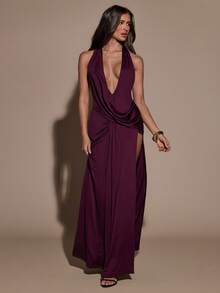 SHEIN BAE Váy xẻ cao hở lưng chữ V sâu gợi cảm màu trơn thời trang dành cho nữ - Màu tím - Xem 5