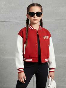 Chaqueta de béisbol universitaria para niña con estampado de dibujos animados anime kpop Rumi Mira Zoey, estilo bomber juvenil informal con botones. - Rojo - Ver 2
