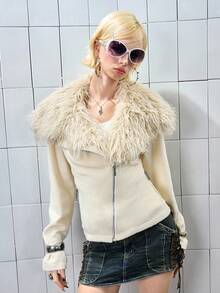 ROMWE Avant Detachable Collar Zip-Up Short Jacket With Asymmetric Placket, Mustard Yellow - Pale Yellow - View 9