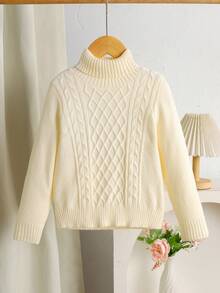 SHEIN LMoss Kids 年轻女孩纯色立领修身休闲毛衣 - 米色 - 查看 6