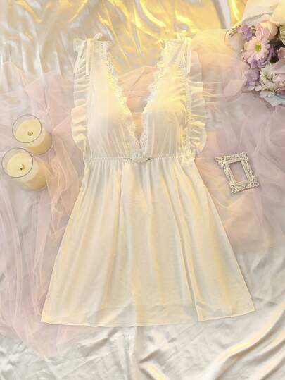 DelicateAllure 优雅荷叶边V领蕾丝边性感睡裙（女士款）