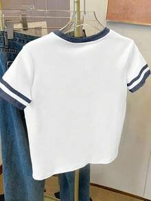 SHEIN 女士爱心牛仔印花宽松休闲撞色条纹圆领T恤 - 彩色 - 查看 2