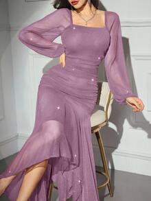 Modelyn Women's Solid Color Square Neck Mesh Patchwork Ruffle Long Sleeve Dress - Lilac Purple - View 3