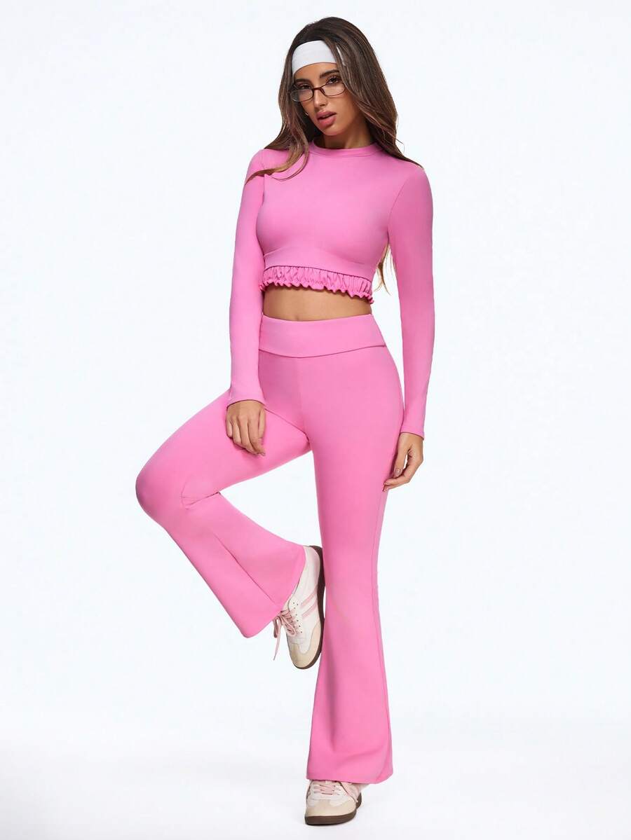 SHEIN Sovereign Charm Women's Soft Pink Autumn Athleisure Gym Set,Long Sleeve Crop Top With Ruffle Hem,High Waist Flare Pants,Stretch Slim Fit Activewear Workout Outfit - Pink - View 1