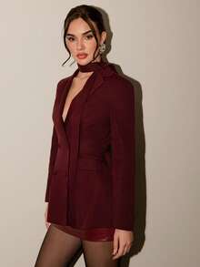 SHEIN Glamour Women's Burgundy Woven Fabric Cinched Waist Double-Breasted Tie Collar Blazer Jacket, Elegant Party, Vacation, Office, Commute, Date, Halloween, Christmas Versatile Blazer, Women's Burgundy Jacket Women's Suits Burgundy Women Blazer For Women Blazer For Women Women's Nightclub Party Christmas Ball Gown - Red - View 6