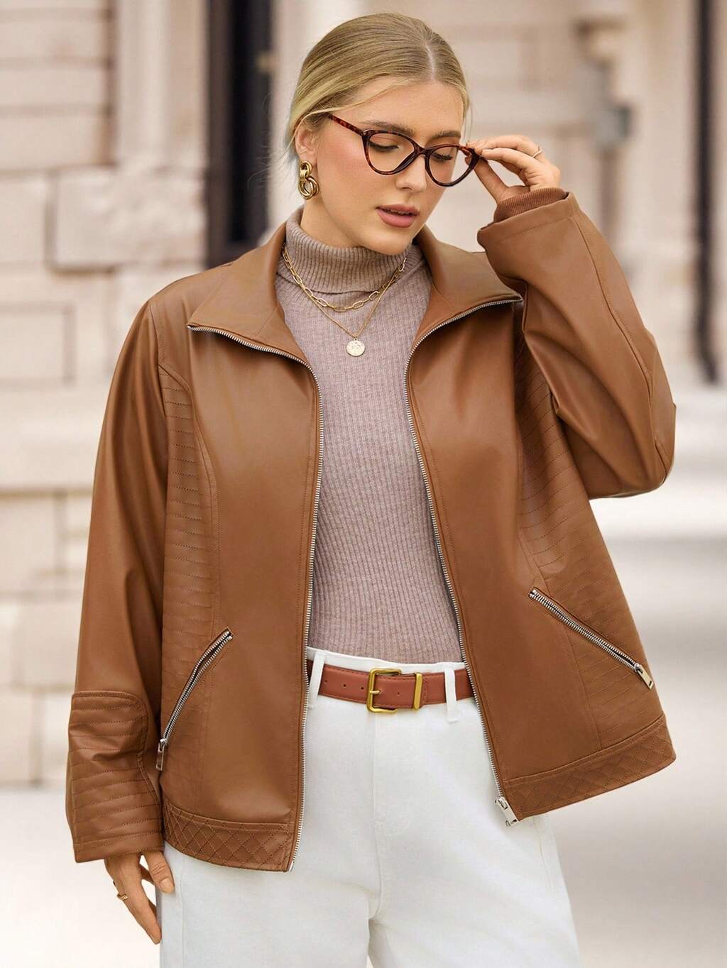 Plus Size Women's Casual Zip-Up Solid Color Long Sleeve Brown PU Leather Jacket With Pockets, Autumn/Winter, PU Leather Motorcycle Coat With Pockets,2025 New,Plus Size Women Long Sleeve Pockets