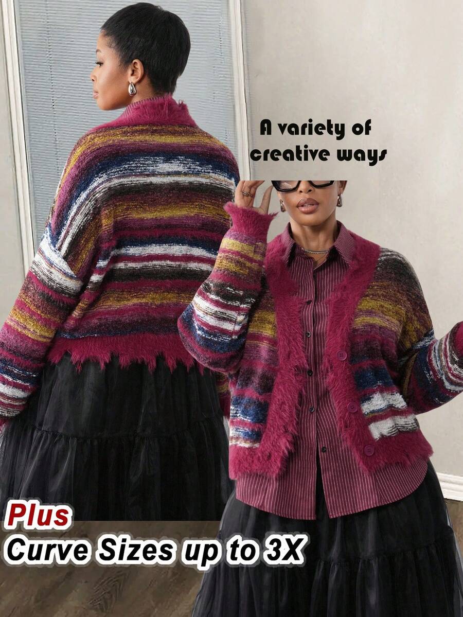 Slaydiva Veslaya 2025 Preppy Stil Neue V-Ausschnitt Burgunder gestreifte Farbblock Distressed Langarm Große Größen Strickjacke, geeignet für Herbst Winter, Basic, Lässig, Party, Straße, Musikfestival, Flughafen Karamell Kern - Verschiedenfarbig - Übersicht 1