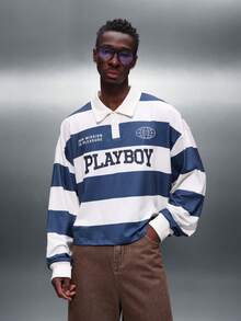 PLAYBOY X SUMWON Crop Fit Men Long Sleeve Striped Rugby Polo Shirt With Logo Print Casual Collar Button Placket Top - Blue and White - View 1