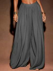 Hauture 女士纯色高腰褶皱阔腿宽松休闲裤 - 灰色 - 查看 5