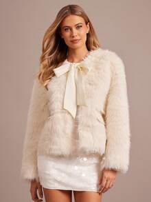 Enchnt Women's Solid Color Long Sleeve Front Tie Elegant Faux Fur Jacket, Winter - Beige - View 7
