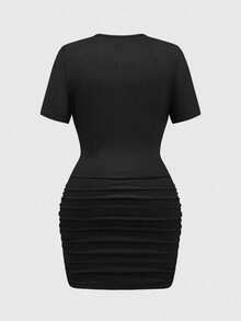 ROMWE Grunge Punk Women's Streetwear Gothic Skull & Floral Print Ruched Tie Front Deep V-Neck Bodycon Mini Dress - Black - View 3