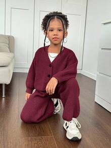 SHEIN SLAYR Young Girl 2pcs/Set Young Girl Plain Cardigan & Knitted Pants, Sweater Outfits In Fall/Winter - Burgundy - View 7