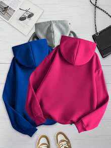 Conjunto de 3 piezas, set de 3 piezas, sudadera básica capucha hoodie lisa dama mujer casual manga larga bolsa canguro puños diario calientita suave cómoda moderna juvenil - Gris, rosa y azul - Ver 2
