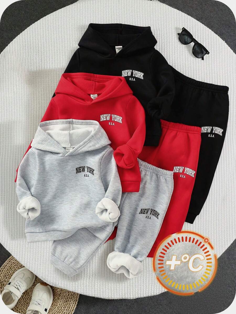 SHEIN 6件套婴儿男女童可爱休闲运动套装,针织字母印花连帽衫和运动裤套装,秋冬季男女通用婴儿服装 - 彩色 - 查看 1
