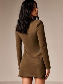 AiiRZ Olive Green Long Sleeve Bodycon Mini Dress With Ruched Side Detail For Fall Winter Party Evening - Green - View 2