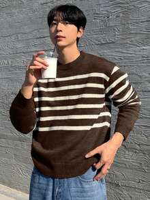DAZY Men's Brown Striped Crew Neck Sweater, Autumn - Brown - View 4