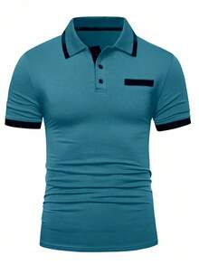 Manfinity Homme 男士撞色短袖休闲通勤 Polo 衫 - 霧霾藍 - 查看 3