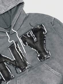 ROMWE MEN Street Life Men's Letter Applique Long Sleeve Drawstring Hooded Pocket Sweatshirt - Grey - View 3