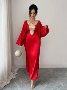 Rafferiza Women's Elegant Lace Trim Batwing Sleeve Party Dress Caftan Dress Kaftans For Women Arabic Dress Luxury Dress For Women Abayas Dubai Luxury - Red - View 6