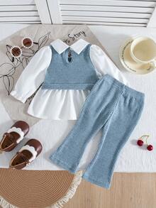 SHEIN Playful Pals 女婴休闲撞色蝴蝶结装饰衬衫和裤子套装，秋季 - 藍色 - 查看 2