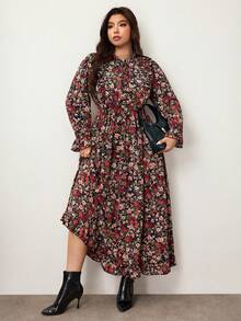 Enliva Große Größen Damen Herbst Ditsy Floral Langarm Kleid mit geraffter Taille, geeignet für Lehrerinnen - Schwarz - Übersicht 6