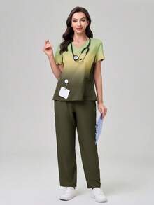 TaskEZ Conjunto de uniforme de scrubs con top de manga corta en degradado y pantalones de unicolor - Verde militar - Ver 6