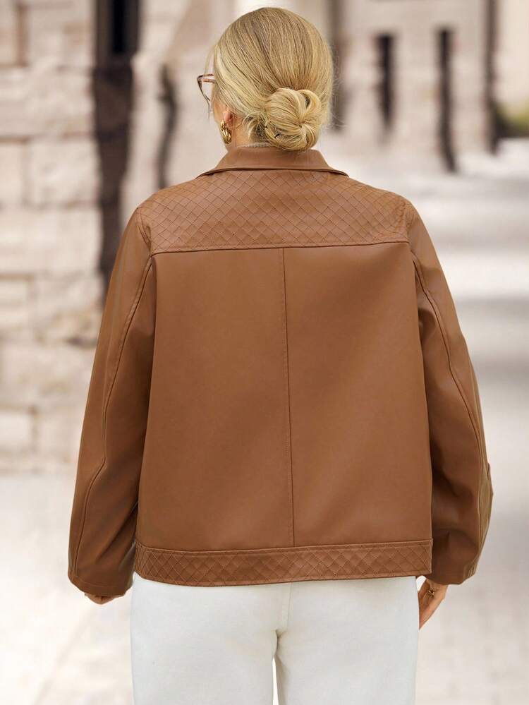 Plus Size Women's Casual Zip-Up Solid Color Long Sleeve Brown PU Leather Jacket With Pockets, Autumn/Winter, PU Leather Motorcycle Coat With Pockets,2025 New,Plus Size Women Long Sleeve Pockets