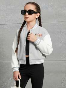 Chaqueta de béisbol universitaria para niña con estampado de dibujos animados anime kpop Rumi Mira Zoey, estilo bomber juvenil informal con botones. - Gris - Ver 3