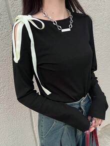 FRIFUL Women's Contrast Color Round Neck Hollow Shoulder Tie Bow Long Sleeve Slim Fit Versatile T-Shirt, Autumn/Winter - Black - View 7