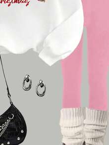 SHEIN Leap Crew 两件套圣诞亮片印花图案奶油白、圣诞粉色节日少女舒适圆领长袖卫衣和打底裤套装，适合秋冬季穿着。 - 彩色 - 查看 6