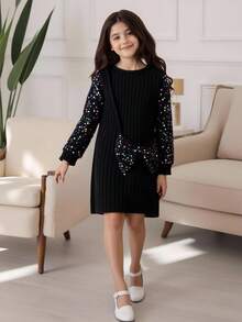 Girls' Black Ribbed Splice Beaded Fitted Dress - Black - View 1