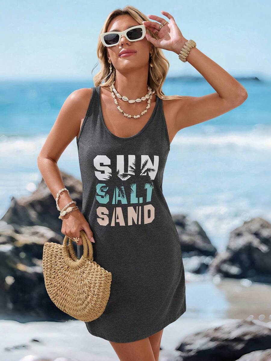 Sylviya 女士U领字母印花休闲舒适无袖连衣裙，夏季 - 灰色 - 查看 1