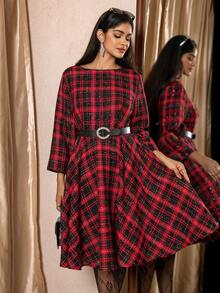 Zelara Plus Size Elegant Plaid Tweed Midi Dress For Women,Black And Red Autumn Sparkly Long Party Dresses,Tea Party Graduation,Christmas New Year Outfit - Multicolor - View 10